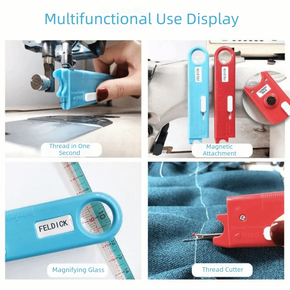 4 in 1 Needle Threader Built-In Ruler Built-In Magnifier Automatic Threader Compact Multi-Functional Quick Threading Tool