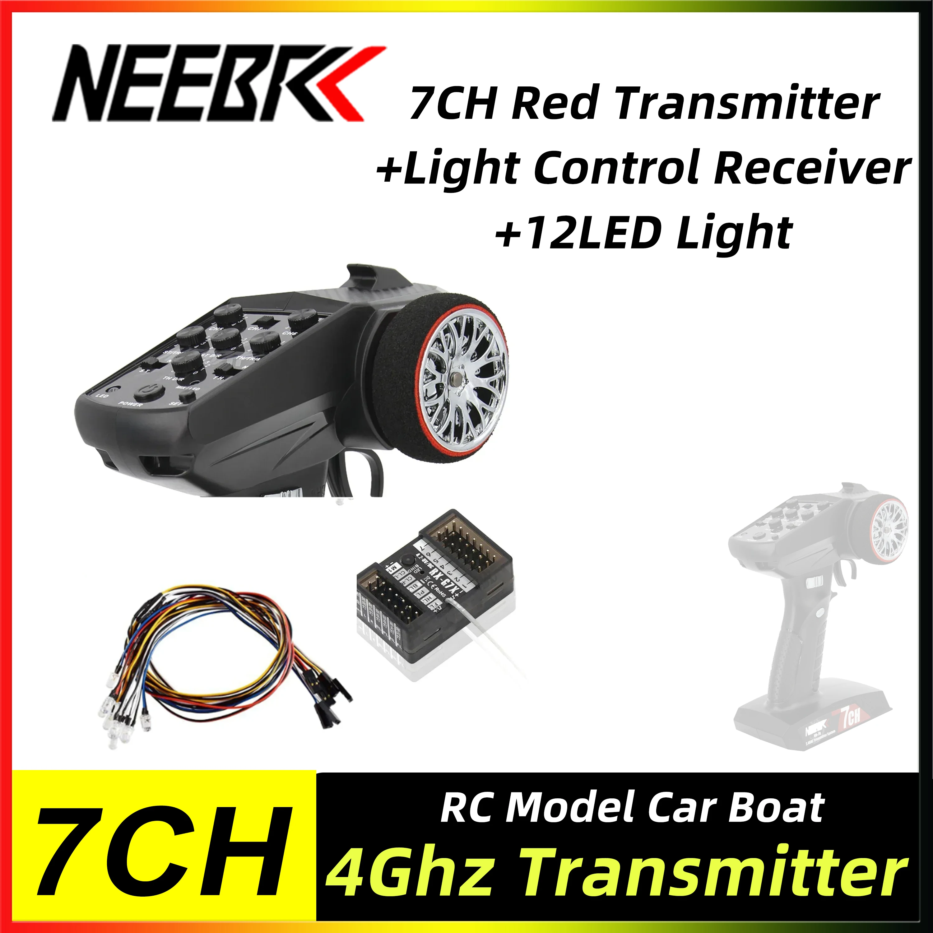 NEEBRC 7CH 2.4Ghz 7 Channel Transmitter Light Control Receiver 12 LED Light Remote Controller for RC Car Boat Model Toy Parts