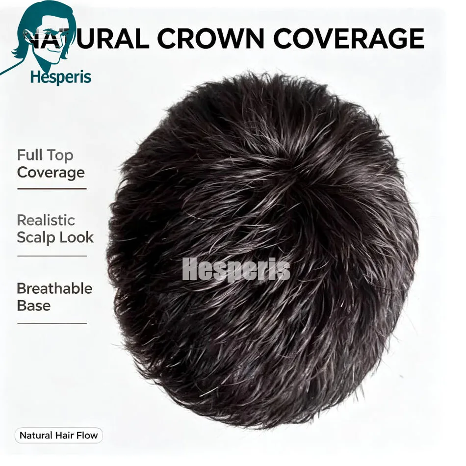 Hesperis Men Toupee Real Human Hair Short Textured Wig Breathable Top Hairpiece For Thinning Crown Full Top Coverage PU Pre Cut
