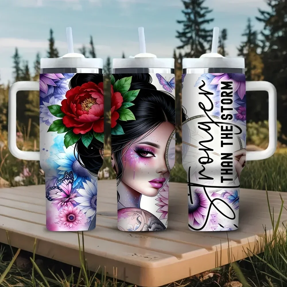 40Oz Tumbler with Handle Printed with Stylish Lady Flower Butterfly And Inspirational Quote, Fits Both Hot And Cold Drinks, Perfect for Women'S Daily Use Outdoor Travel Camping And Leisure Activities