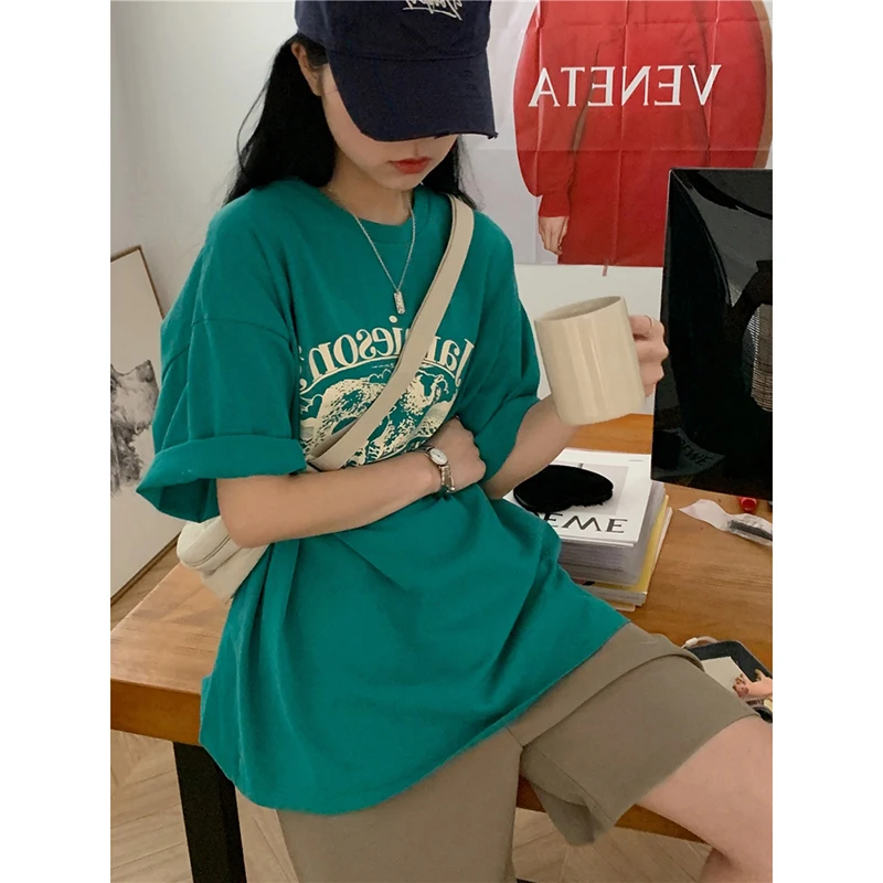 Pure Cotton Summer Korean Style Loose Design Fun Print BF Style Short Sleeve T-Shirt Women Trendy Cool Top round Neck Commute...