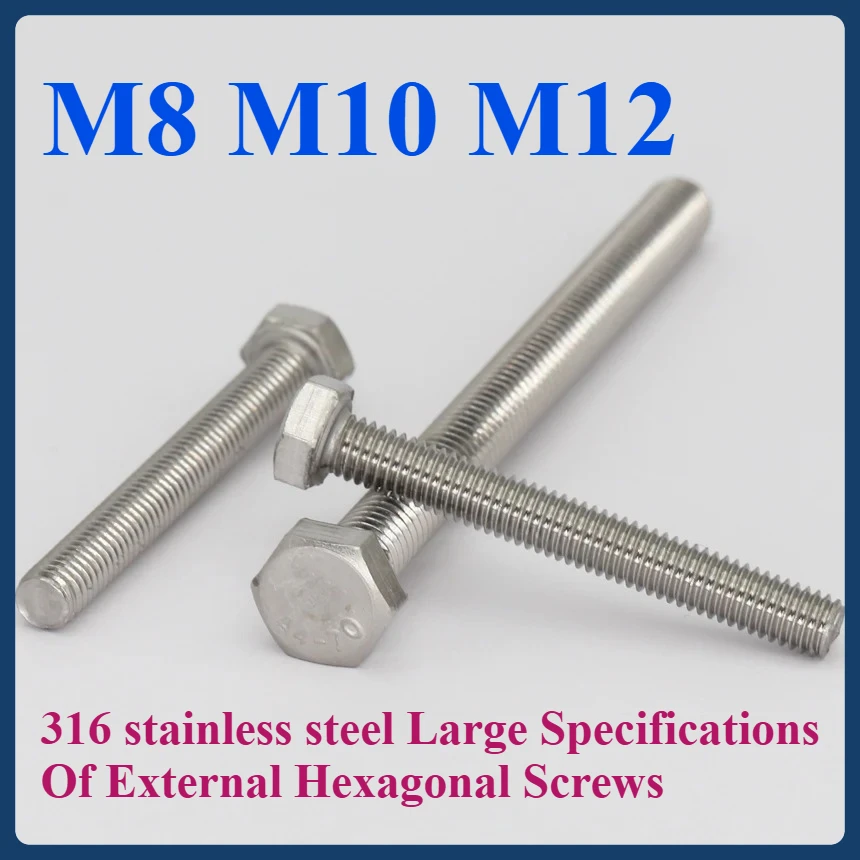 

316 SS Marine Grade External Hexagonal Screw Hex Head Bolts, M8 M10 M12 Full Thread Hex Bolts, Rustproof (1/2/5pcs)