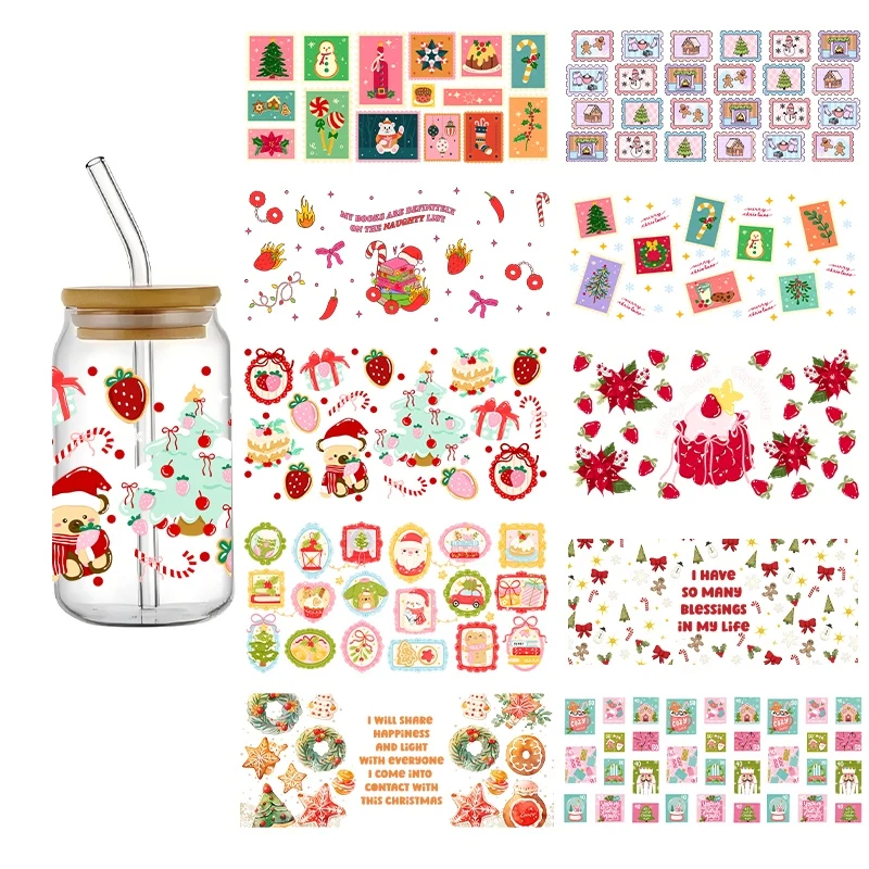 Christmas New Design 16OZ UV DTF Cup Wrap Transfers Stickers For DIY Libby Glass Waterproof Decals Fashion Sticker 3D