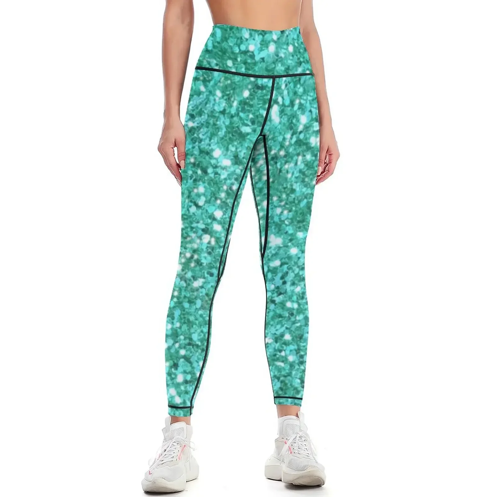 Teal glittering sparking sequins Leggings Training pants Women sportwear workout shorts push up fitness Womens Leggings