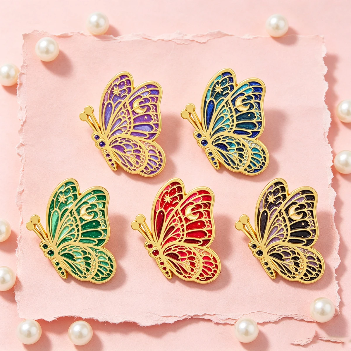 5pcs Fantasy Butterfly Lapel Brooch Set Moon Star Enamel Pin For Backpack Clothing Decoration Insect Lover Gift