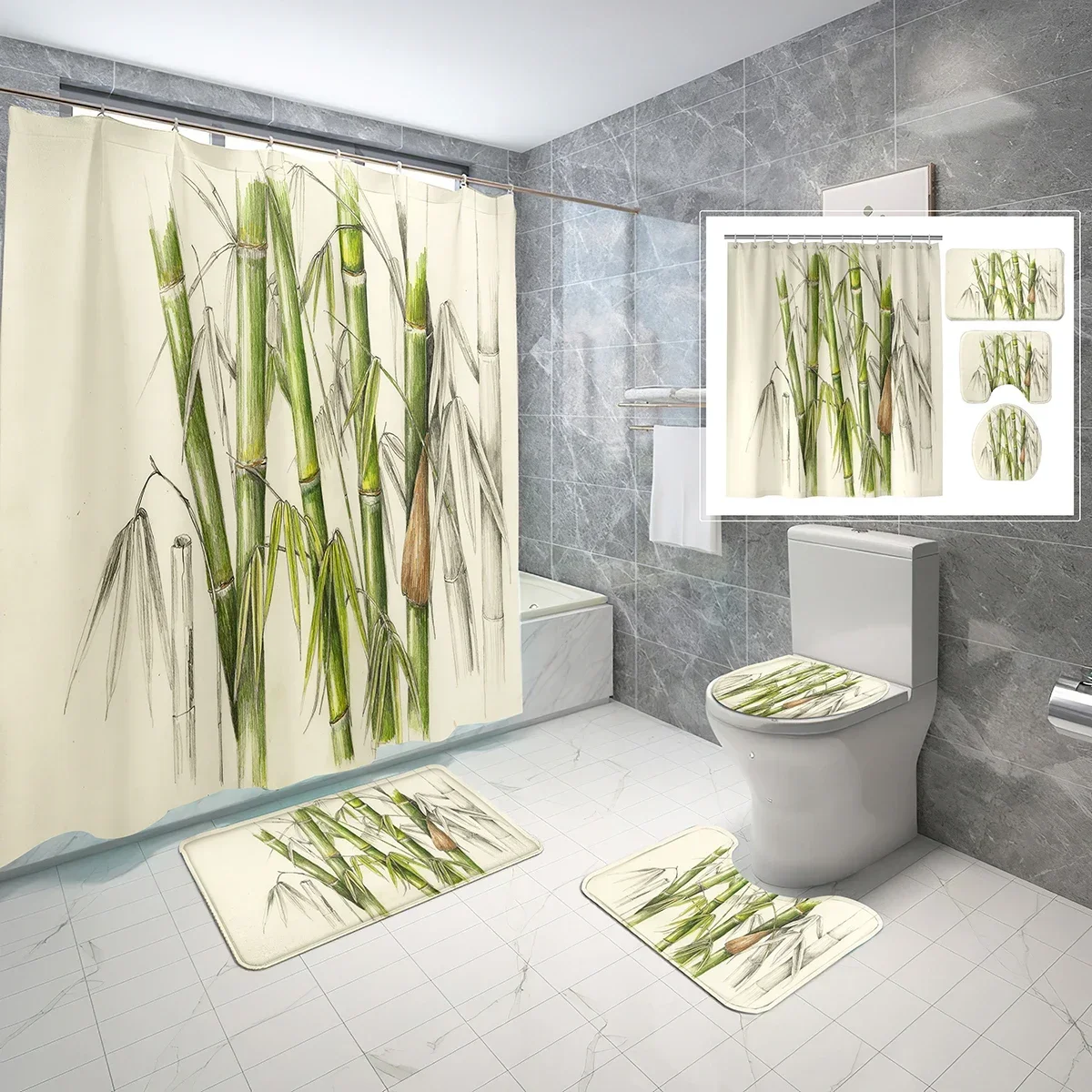

4 Pcs Bamboo Theme Shower Curtain Sets Chinese Calligraphy Style Non-slip Bath Mat Toilet Lid Waterproof Shower Curtain Set