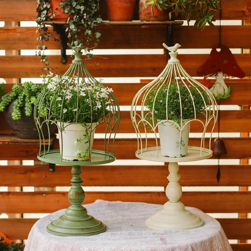 Vintage Iron Birdcage Flower Stand Tabletop, Creative Rustic Plant Holder for Garden Patio Villa, Unique Home Decor Ornament
