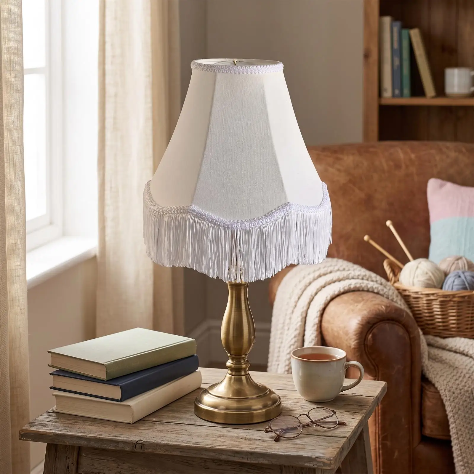 Handmade Slub Faux Silk Folding Lampshade Classic Flared Fringe Trim Design Easy Storage for Table Lamp Living Room Warm