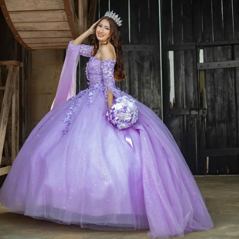 

Lorencia мексиканское Лавандовое платье Quinceanera с длинным рукавом бальное платье кружевная Аппликация вышитое бисером милое платье 16 Платья для 15 лет YQD469