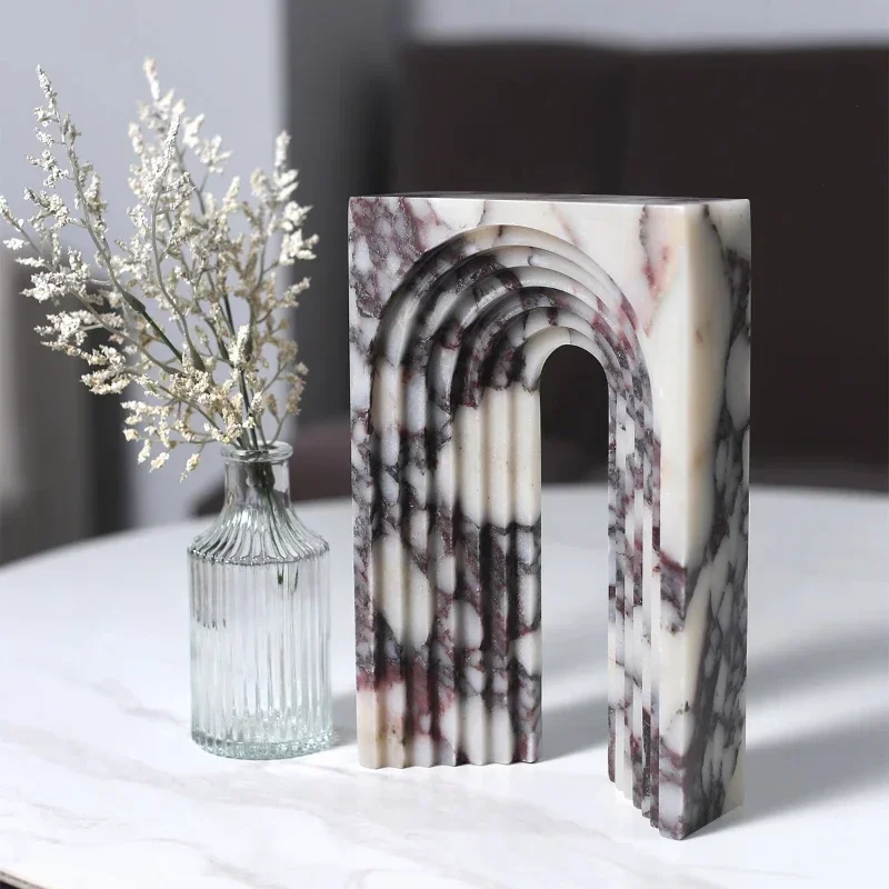 

Luxury Natural Calacatta Viola Marble Arch Carved Pattern Design Ornament Model Room Home Foyer Hotel Desktop Decoration