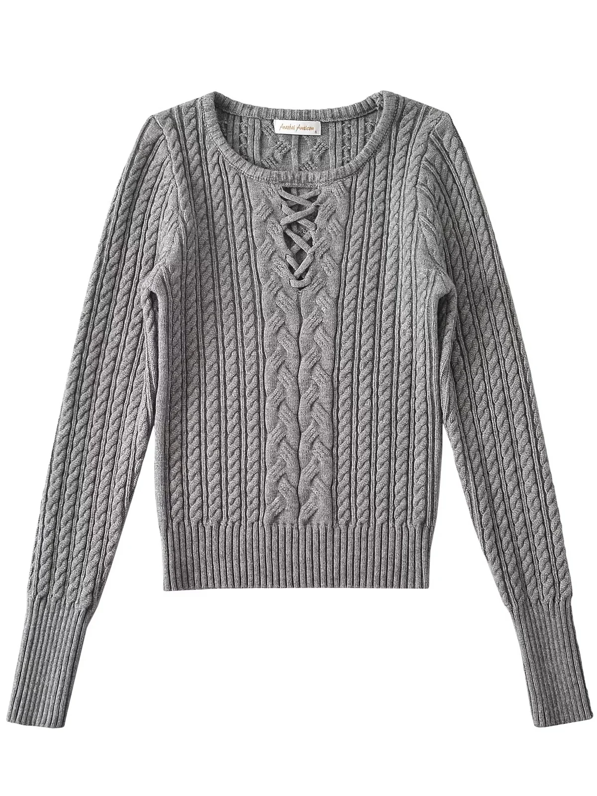 Amerykańska dzianina typu sle twist, ażurowa, okrągły dekolt, damski wyszczuplający top, krzyżowy wzór, długi rękaw, modny sweter dla dziewczyn.