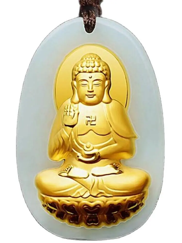 Natural White Hetian Jade + 18K Solid Gold Inlaid Chinese GuanYin Buddha Amulet Lucky Pendant Free Necklace Charm Fine Jewelry