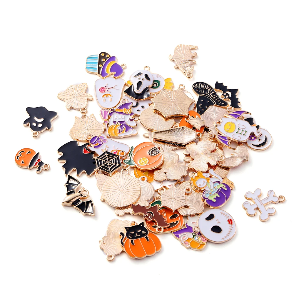 

24/47pcs Mix Style Enamel Halloween Charms Cute Pumpkin Bat Ghost Charms Pendants for Necklace Keychain Pendant Jewelry Making