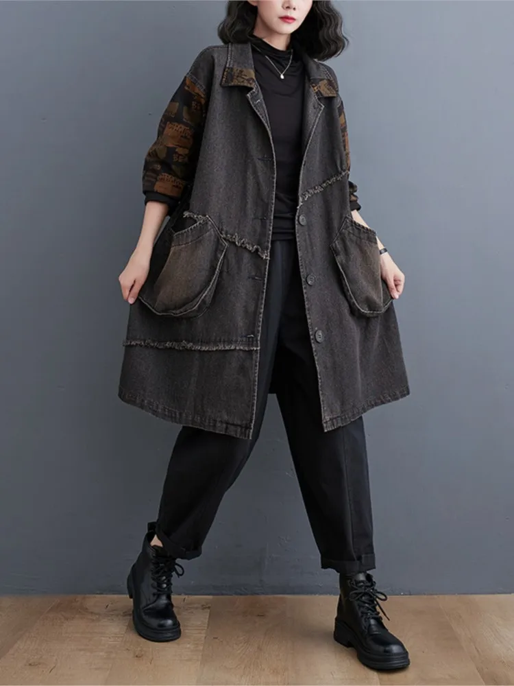 Oversized Denim Autumn Long Trench Coat Women Casual Loose Modis Pleated Ladies Windbreaks Striped Print Woman Trench Coats 2023