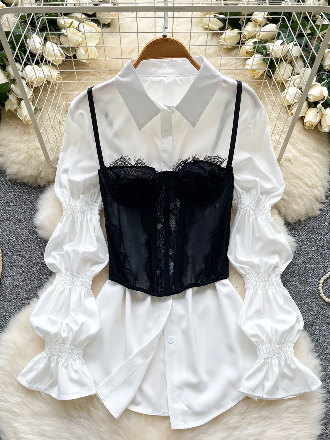 

Ele Gentle Sle Женская верхняя одежда irt Lace Patchwork Bubble Sve на одной пуговице с кружевной отделкой, комплект майки