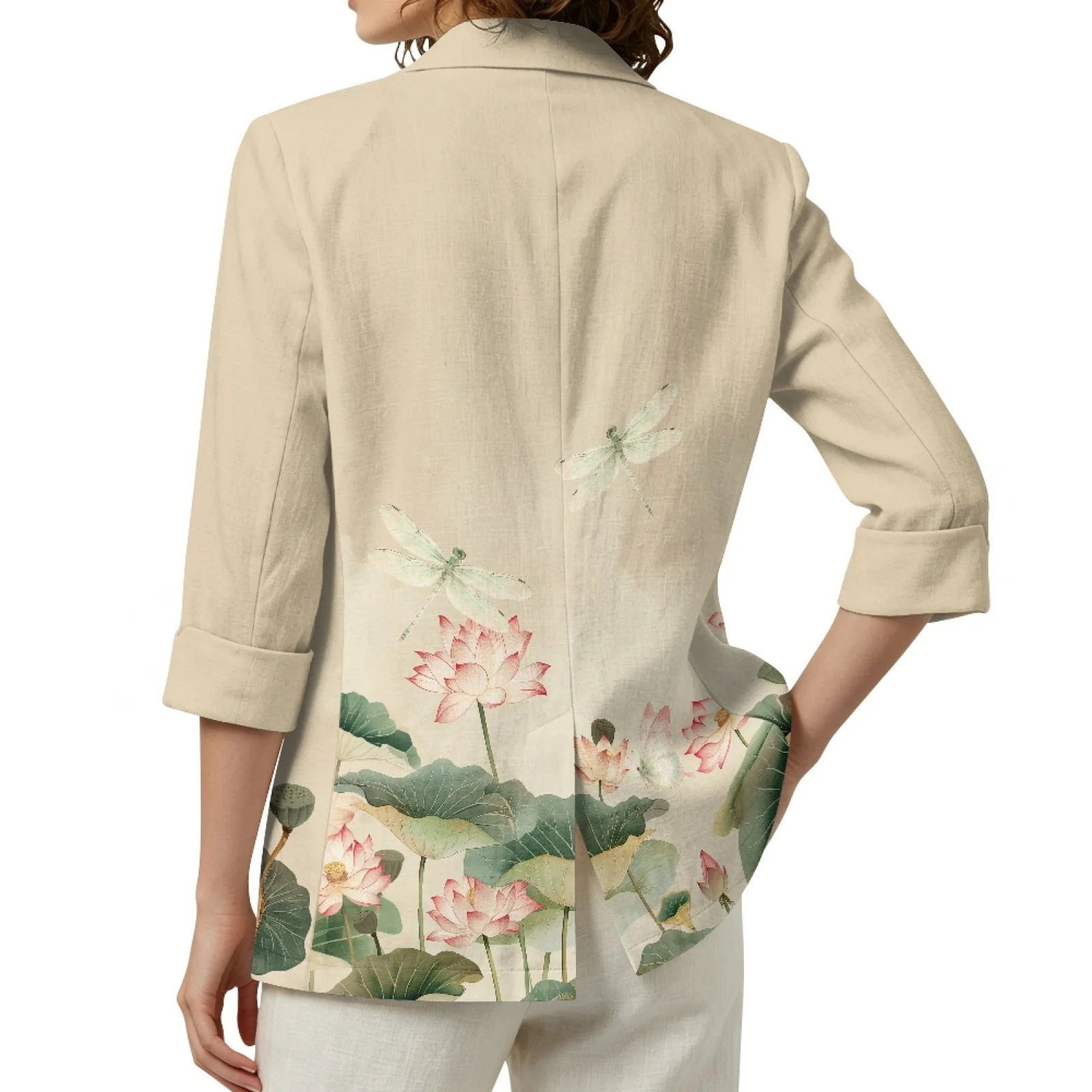 PENSTROLL Lotus Dragonfly Print Linen Style Business Blazer, Casual Shrug with Pockets Sizes S-3XL for Daily Wear and Beach