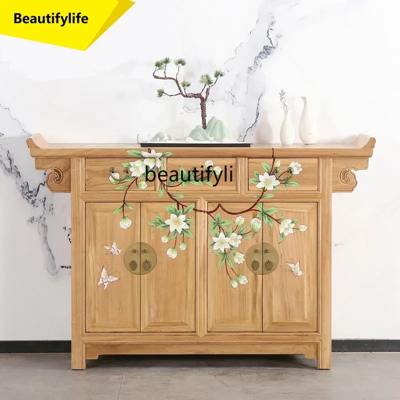 Q181 New Chinese painted old elm shoe cabinet solid wood antique dining side cabinet classical log color door cabinet