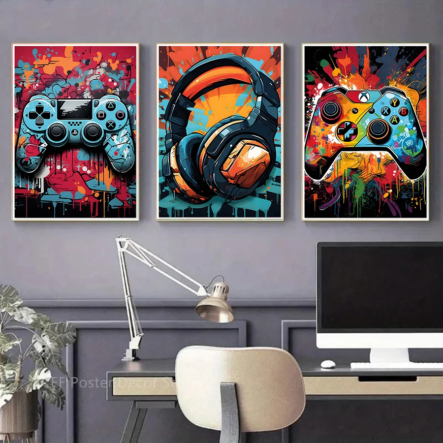 3pcs/set Colorful Game Controller Posters Graffiti Gaming Aesthetic Prints Game Handler Room Home Club Decor Art Wall Painting