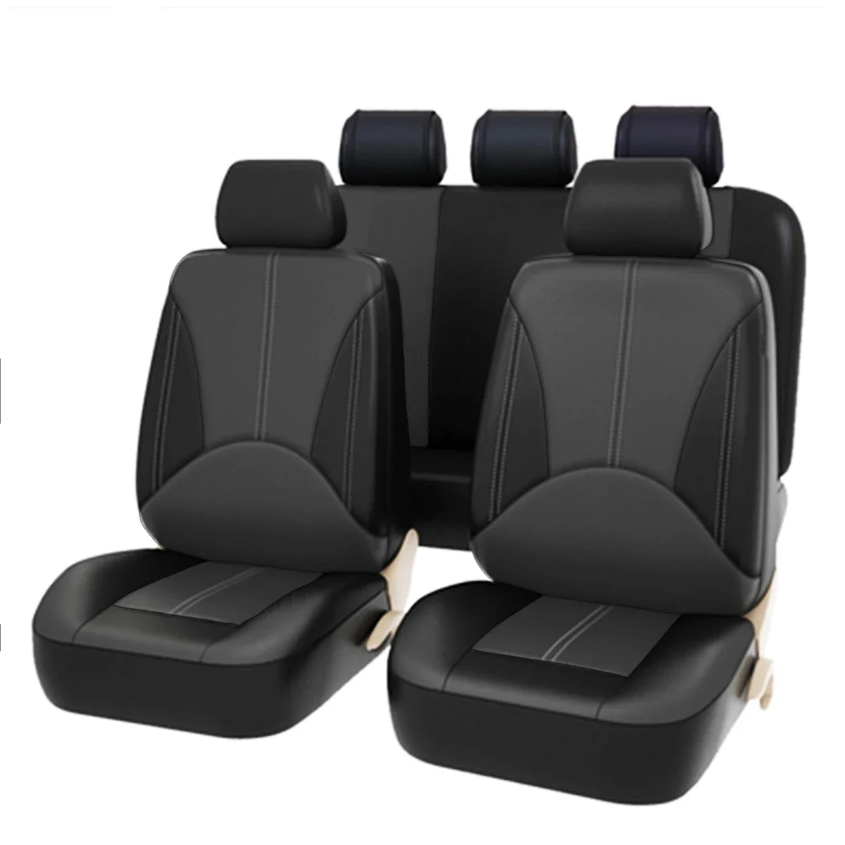 

9PCS Universal Auto Seat Cover Front Back Head Rest Protector Wear-Resistant Covers Black PU Leather For 4 Season Car Seat Cover