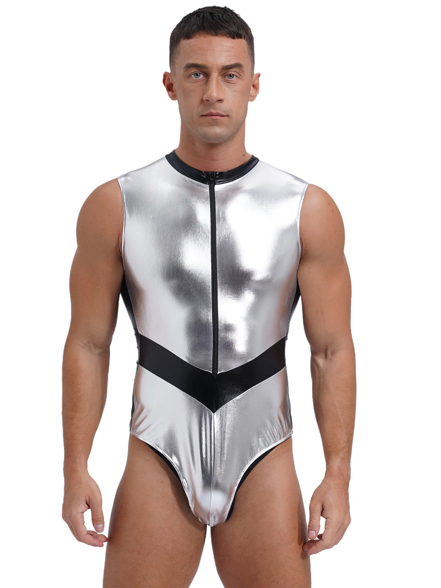 Mens Galaxy Astronaut Cosplay Costumes Metallic Shiny Spaceman Bodysuit Front Zipper Leotard Sleeveless Catsuit for Halloween