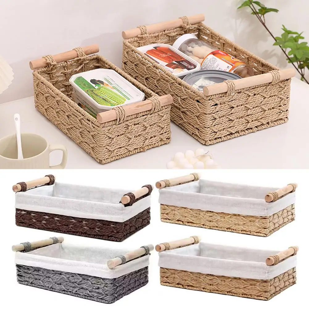 Storage Box Braided Vine Desktop Storage Basket with Handle for Home Office Organizer for Cosmetic Remote Control Sundries Box