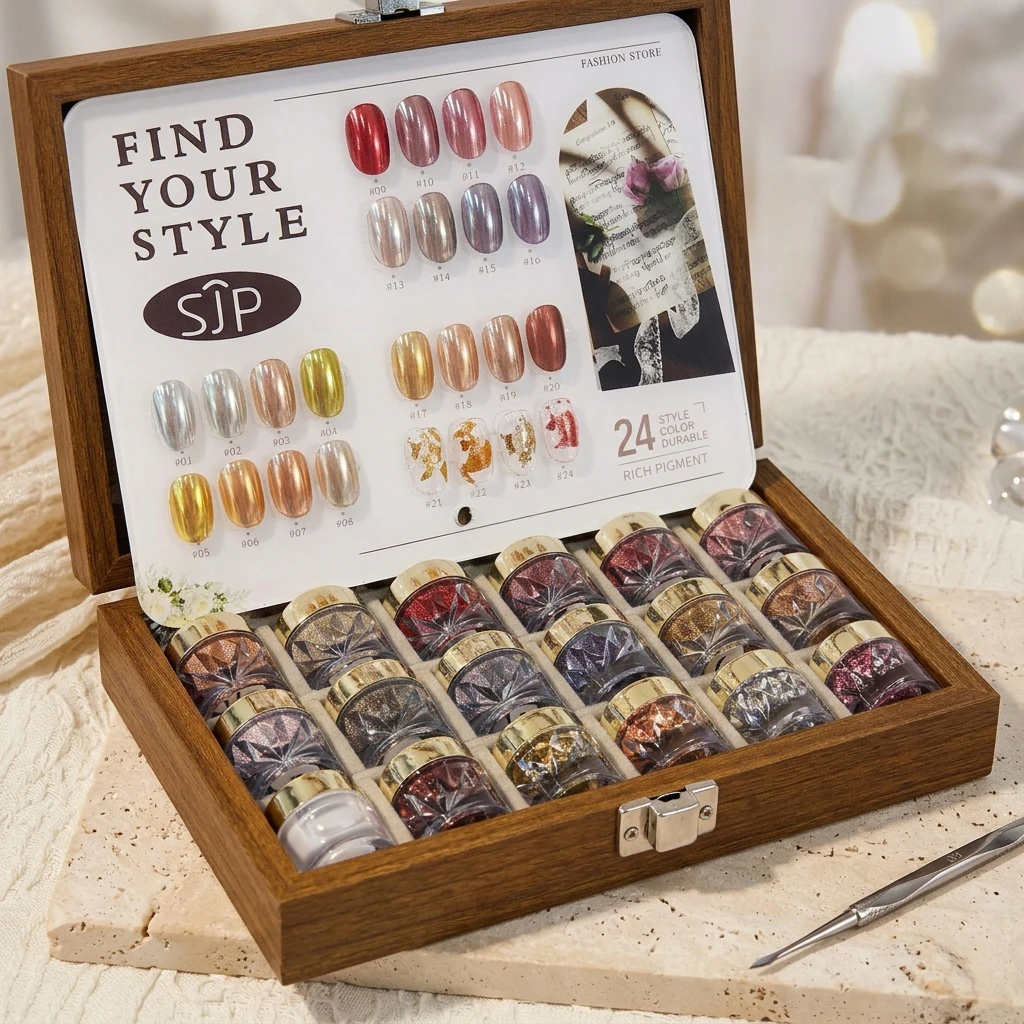 High-End Nail Art Set, 24 Colors Moonlight Mirror Powder Kit, Ultra-Fine Glitter , With Storage Box and Nail Swabs
