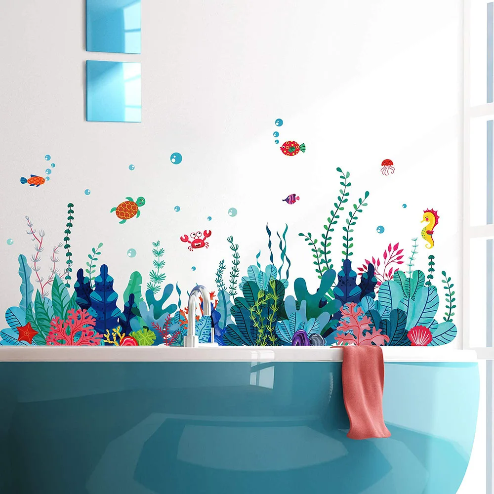 Large Under The Sea Grass Wall Stickers Bathroom Bedroom Coral Seaweed Fish Crab Animal Wall Decals Baby Nursery Corner