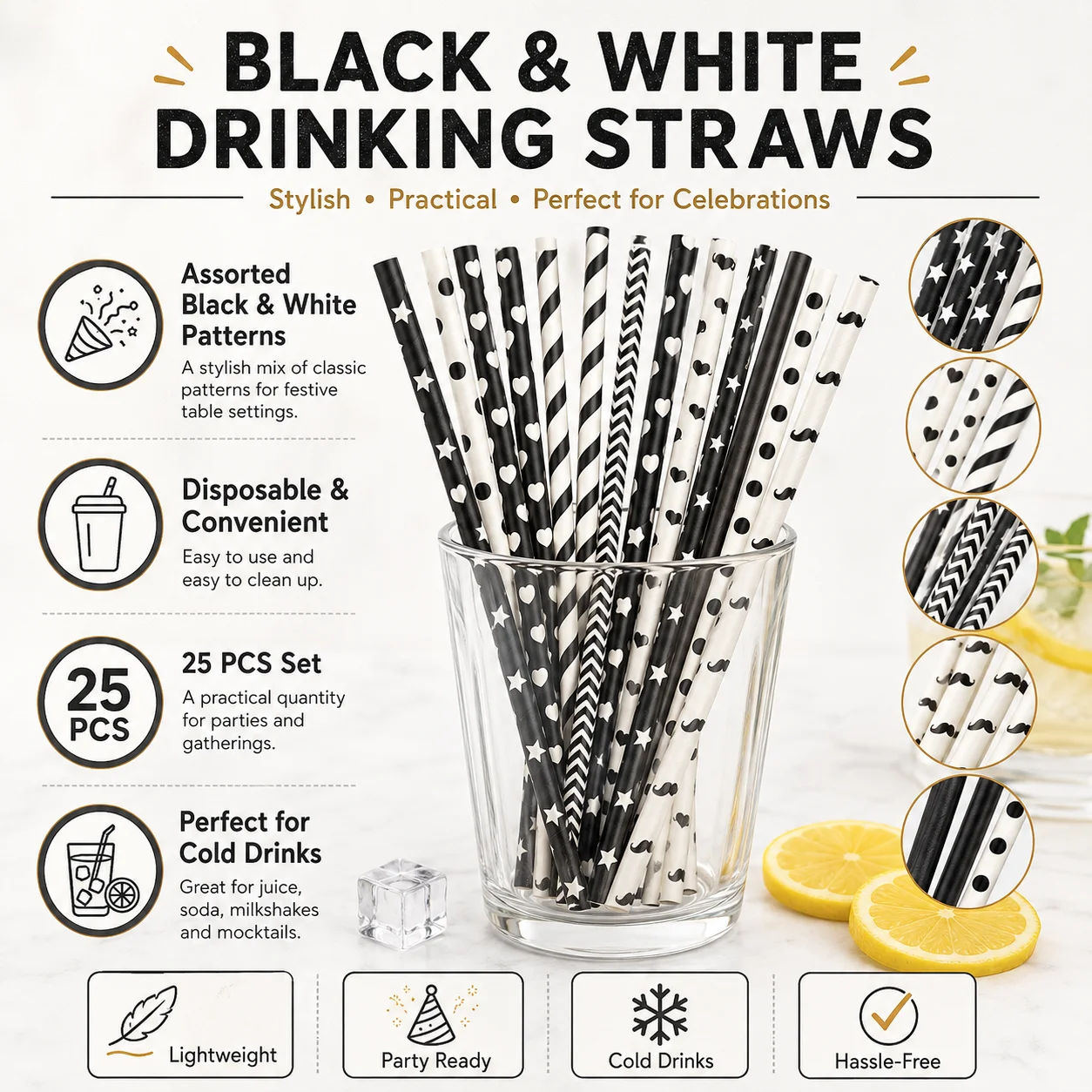 25pcs Black & White Patterned Paper Straws, Disposable Biodegradable Drinking Straws for Party