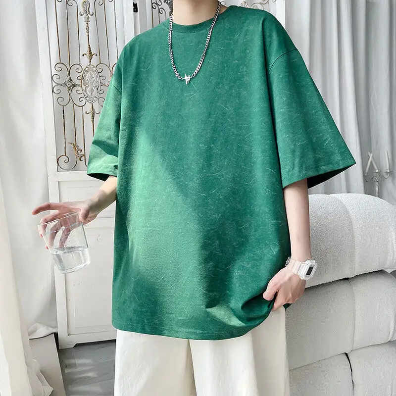 

M-XXXXXL Plus Men's Distressed Round Neck Loose Fit Short Sleeve T-Shirt Vintage Washed Casual Tee for Streetwear & Daily Wear