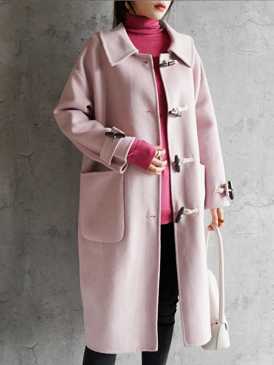 

Warmo Double-Faced Camere Woolen Coat Women's Loose Longline on Sle with Horn Buttons Pure Color Commute Sle