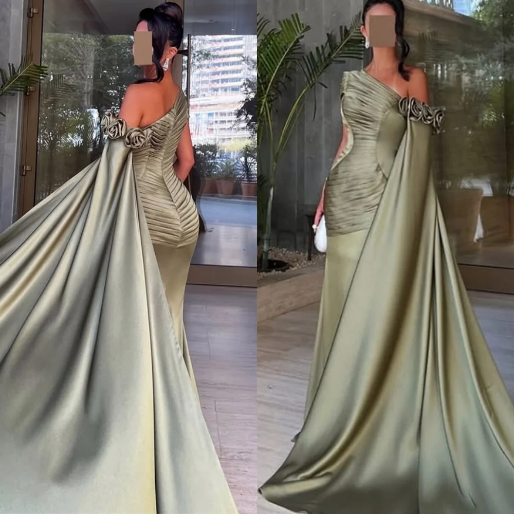 

Customized Luxury Green Satin Evening Dress Exquisite One Shoulder Celebrity Gowns Charming Flowers Special Occasion Gowns