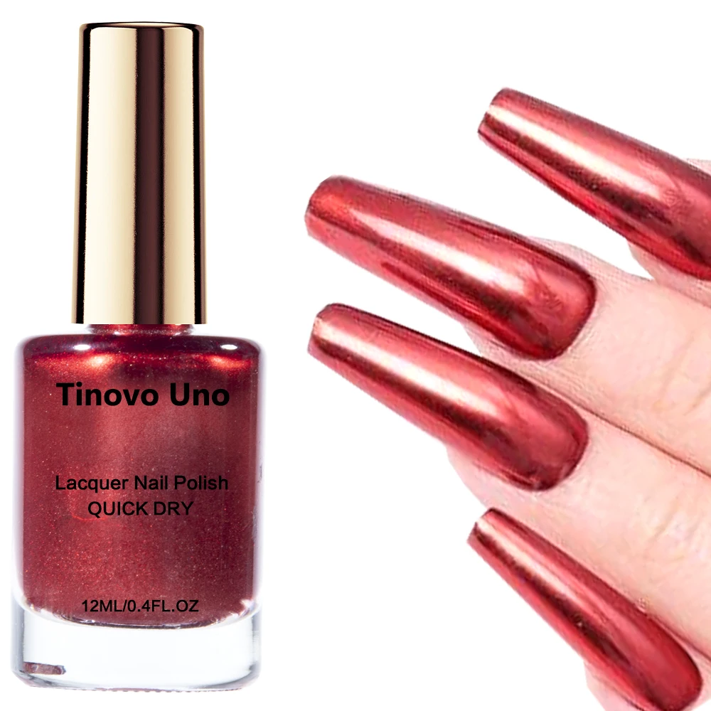 Tinovo Uno Metallic Nail Polish Mirror Red Regular Normal Nail Lacquer QuicK Dry Shimmer Manicure Growth Bright Oil Top Finish