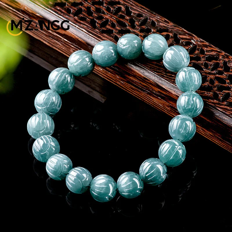 Natural Jadeite Blue Water Lotus Flower String Hand-carved Fashion Exquisite Ice Jade Bracelet Men and Women Holiday Gift