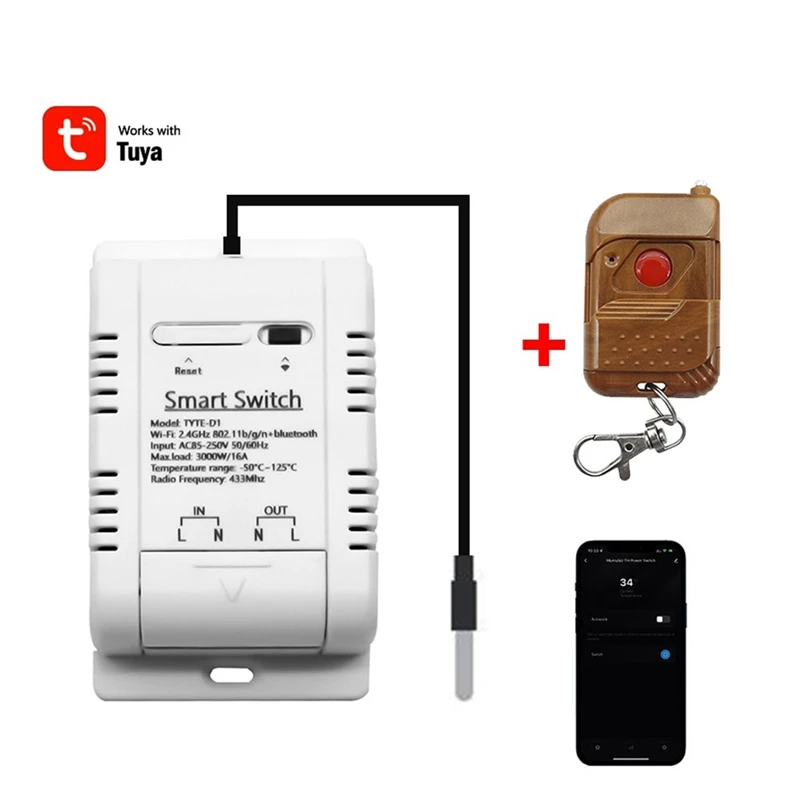 

Tuya Wifi Smart Temperature Switch+RF Remote Energy Consumption Monitoring Thermostat White Plastic For Google Home Alexa