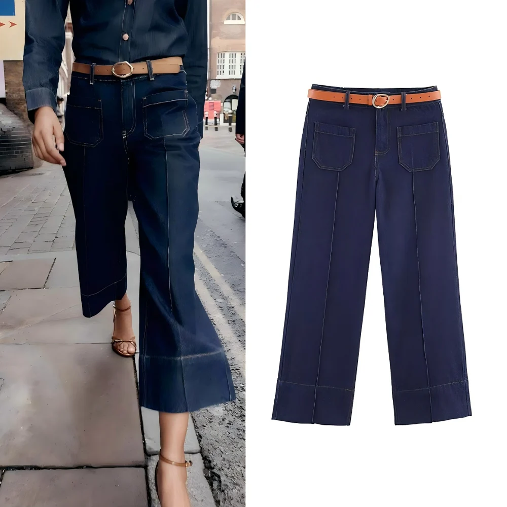 

Women's 2025 New Fashion With Belt Pocket Decoration Casual Versatile Wide Leg Jeans Retro High Waist Zipper Women's Jeans