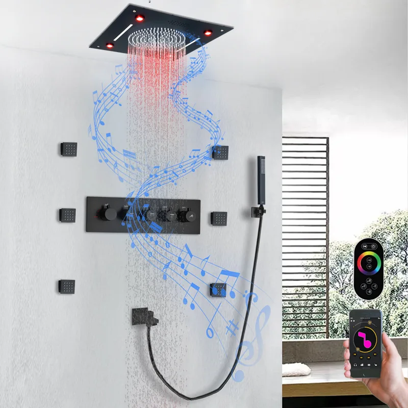 Black concealed embedded 400 * 400mm64 color LED music top spray bathroom constant temperature shower