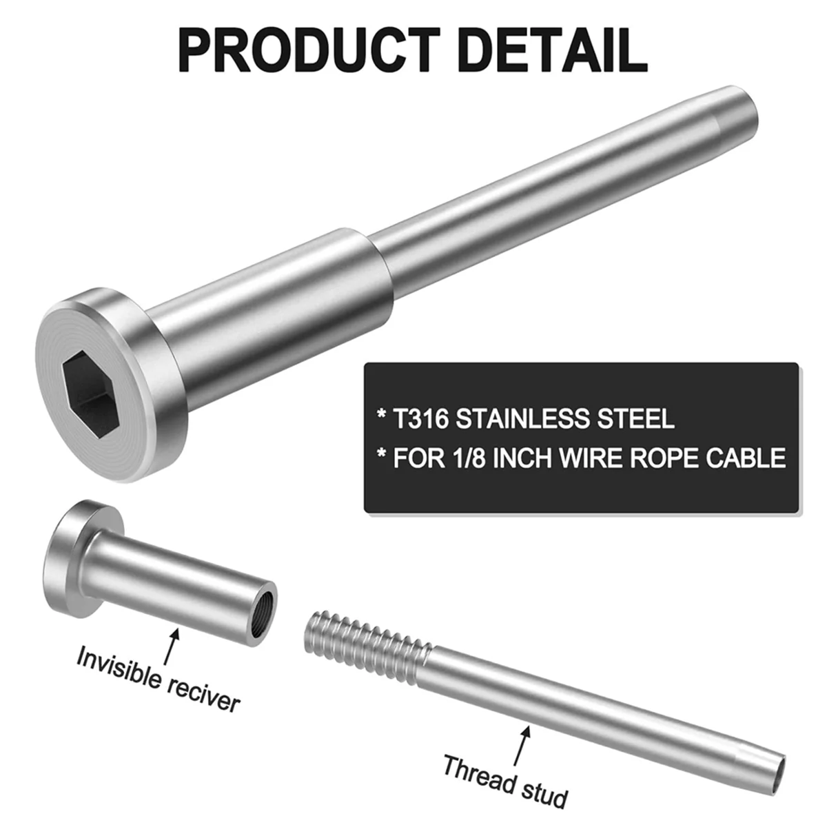 50 Pack Invisible Cable Railing Kit, T316 Stainless Steel 1/8In Invisible Receiver and Swage Stud End for Cable Railing