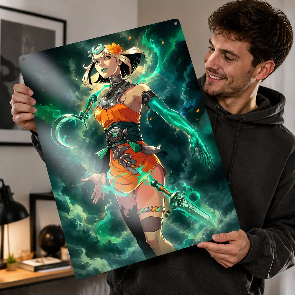 Sorceress With Glowing Weapons Aluminum Poster Fantasy Wall Art For Entertainment Room Customized Metal Sign Video Game Fan Gift