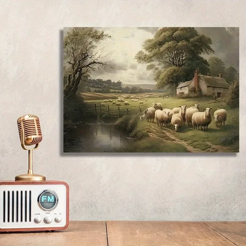 Multiple sizes 1pc frameless Canvas Painting,Sheep Grazing By The River Vintage Farmhouse Poster and Prints Canvas Painting Wall