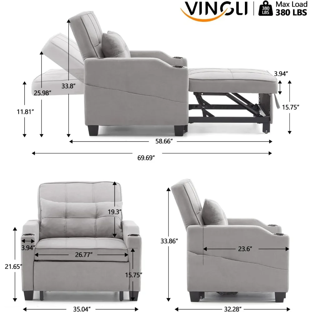 Schlafstuhl, 3-in-1-Schlafsofa, verstellbares Liegesofa, modernes ausziehbares Couchbett mit 2 USB-Anschlüssen und 2 Getränkehaltern