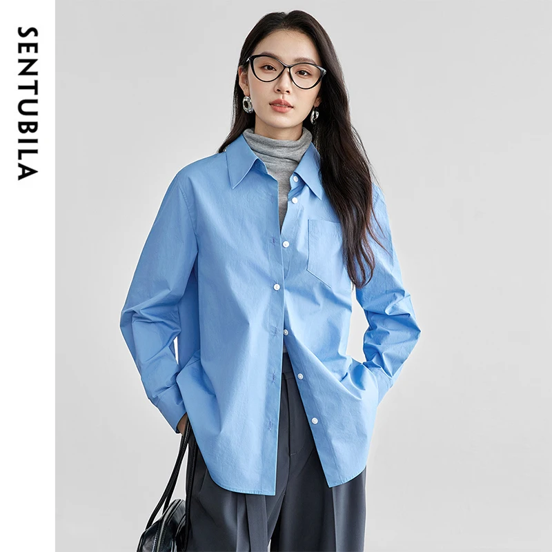 

SENTUBILA 100% Cotton Shirts Women 2025 Spring Fashion Solid Basic Turn Down Collar Spliced Single Breasted Blouses 151C56991