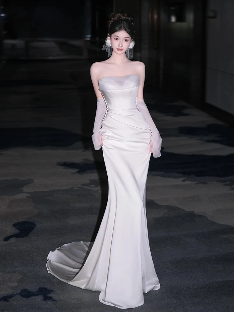 

Simple Ele Satin Fi Tail Wedding Dr Bridal Gown Guest Meeting Entrance awl Tube Top Sle mid Waist Cusizable