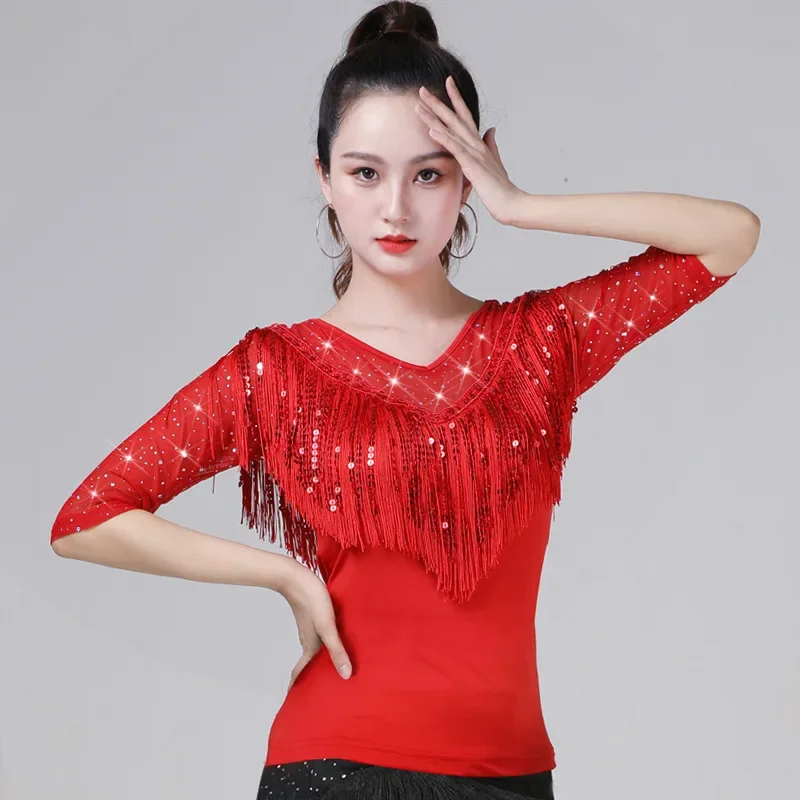 Modern Dance Practice Wear Tassels Latin Dance Top Three-Step Step Dancing Clothes Latin Square Dance Clothes National Standard