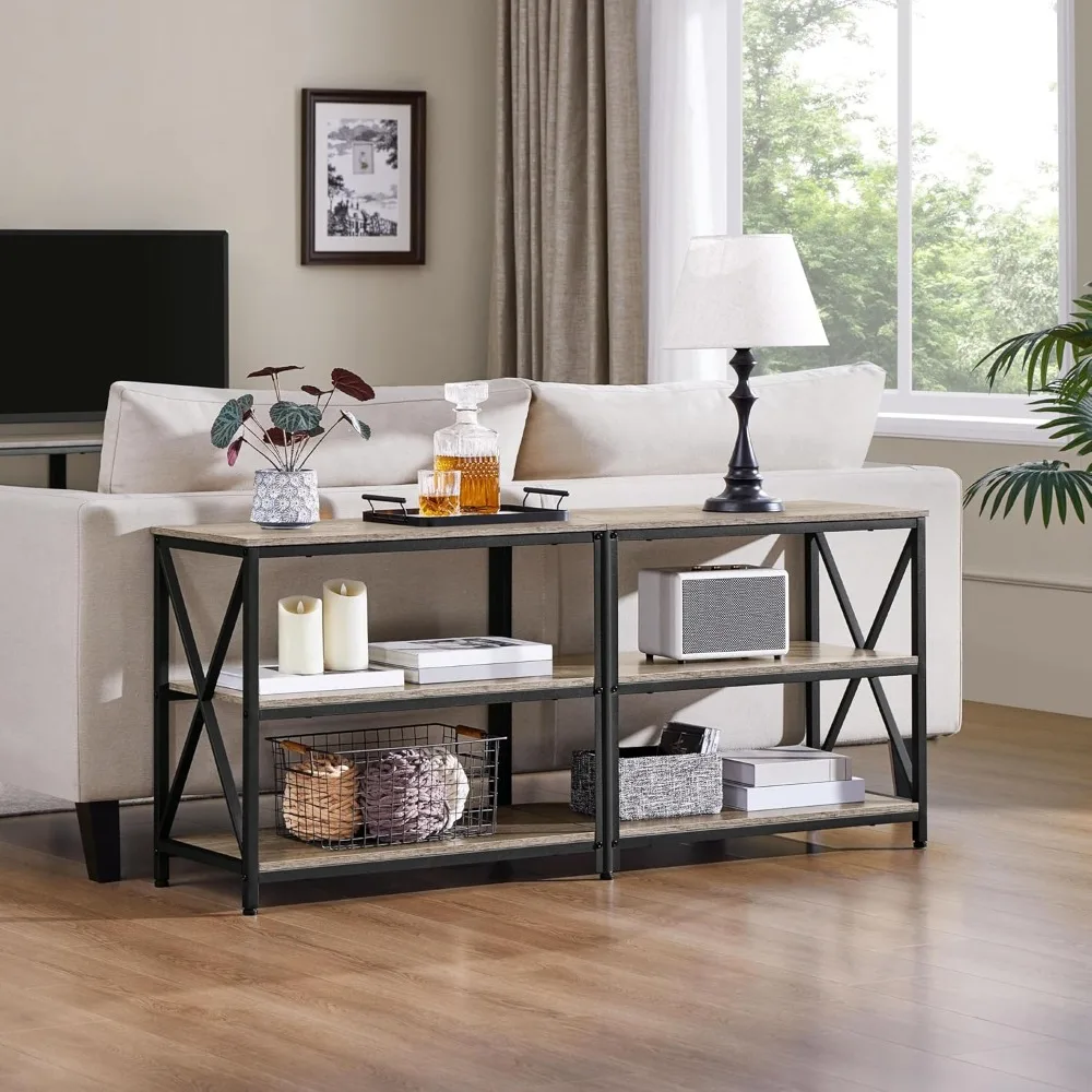 

Console Table Behind Couch, Narrow Long 3-Tier Entryway Table with Metal Frame, Industrial Wood Foyer Table for Hallway