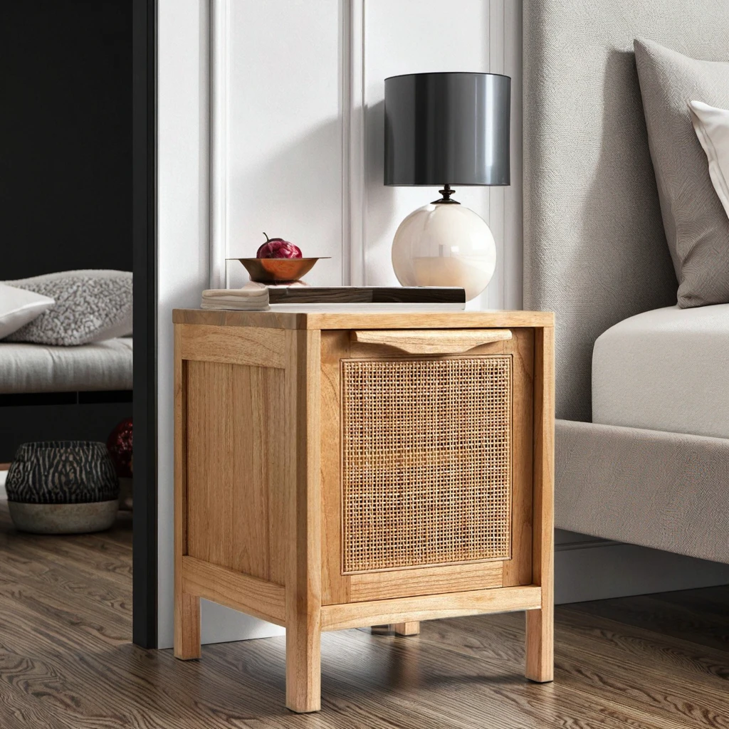 Z DU'S Modern Solid Wood Nightstand With Rattan Door Decoration, Four-legged Support For Stability And Durability.Z