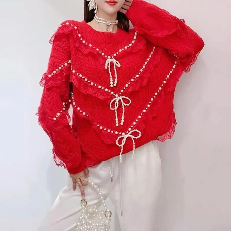 V Neck Solid Color Long Sleeve Pull Femme Jersey Mujer Sweater Y2k Autumn Winter Beading Tassel Lace Patchwork Jumpers