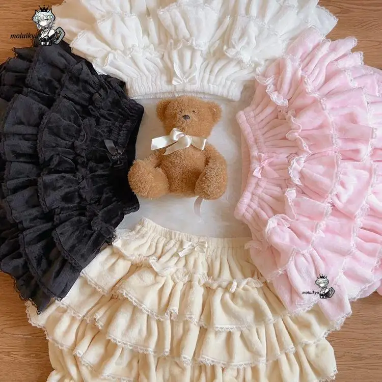 

Japanese Warm Lolita Safety Short Pants Women Sweet Chic Plush Bloomers Y2K Lace Bow Knickers Harajuku Cute Autumn Winter Shorts