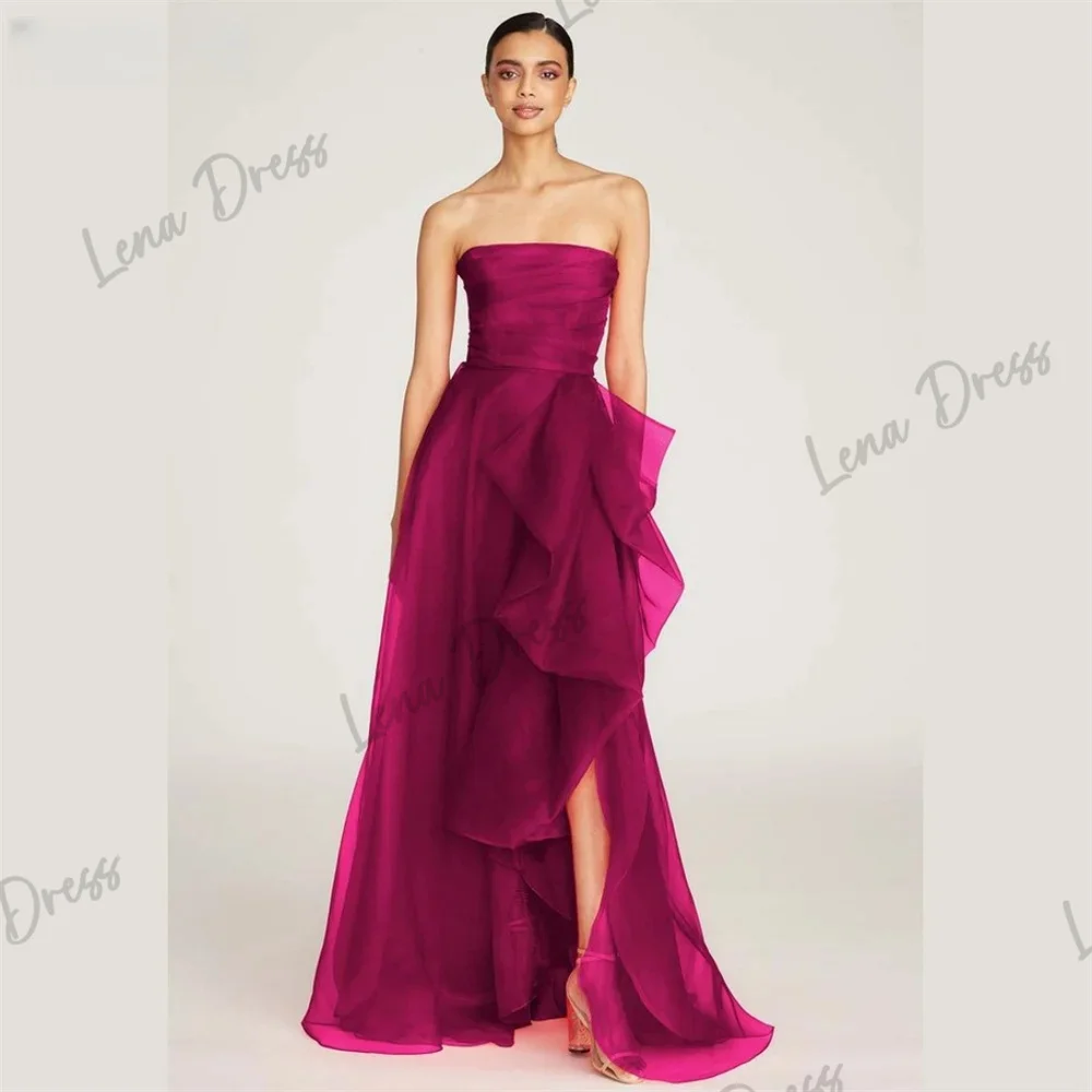 

Lena-Red off shoulder A-line ball dress with side high slit and high low strapless sheer vest
