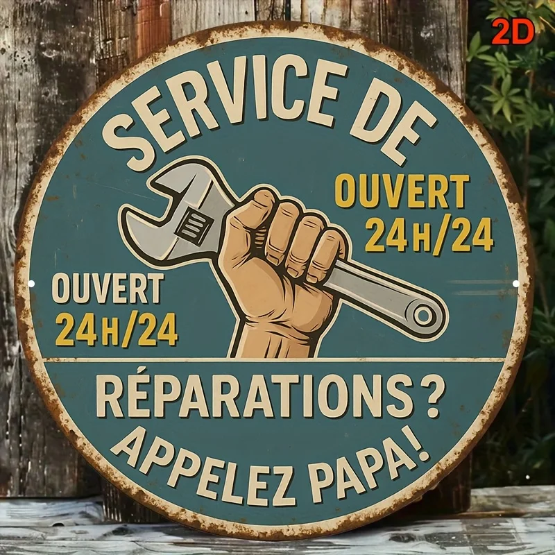 8x8 Inch Round French Vintage Mechanic Wall Sign - Artificial  Blue & White Rustic Garage Decor with Icon (Wrench) - 24/7 Repair