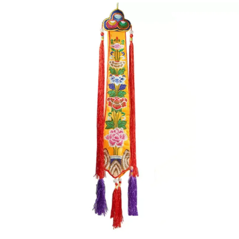 Tibetan Nepalese Embroidered Eight Auspicious Symbols Hand Drum Banner - Buddhist Altar Hanging Flag, Home Buddha Hall Decor - view 6